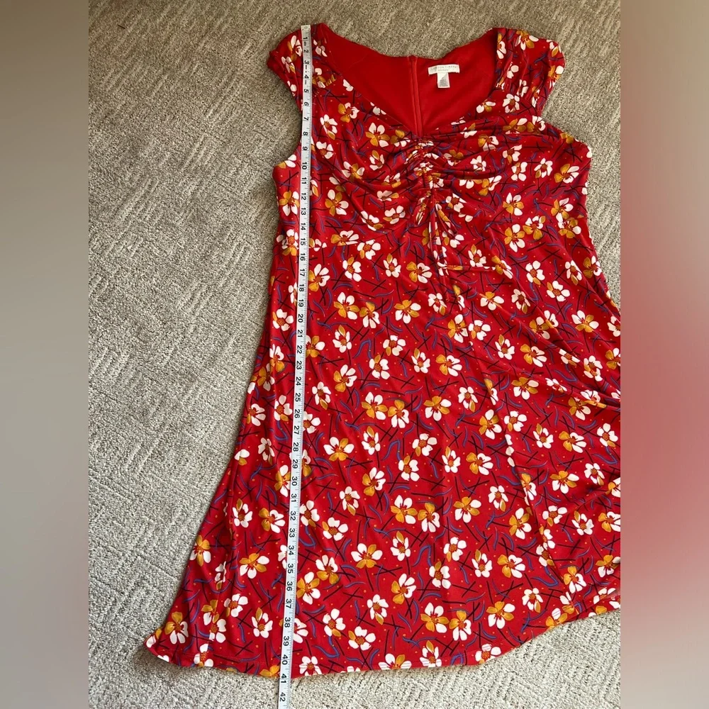 London Times Ruched Front Floral Cap Sleeve‎ Milkmaid Red Midi Dress Size 2X